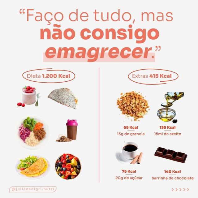 🤔 Você faz de tudo certo e não consegue emagrecer? O seu metabolismo não é o mesmo de 5 anos atrás?

Primeiro, leve em consideração o exemplo acima. Alguns itens a mais no seu dia, mesmo que
 saudáveis, podem prejudicar o resultado que você busca. Comer um pouco mais de granola, mais azeite na preparação da comida ou na salada, o chocolatinho amargo e um pouquinho de açúcar no café irão somar mais 415kcal no seu dia!

❌ No final da semana (7 dias) são 2.905kcal consumidas a mais na semana. Isso é o dobro de um dia inteiro do planejamento! Viu só? É como se você comesse as calorias de 9 dias na semana, invés de 7 dias. 😳

⚠️ Além disso, ainda tem as refeições livres no final de semana e algumas exceções 🎉 que acontecem durante a semana. Pode ser que esses beliscos ou essas excessões estejam prejudicando o seu resultado. E não somente o seu metabolismo!

✍🏻 E, para te ajudar a ter uma melhor visualização desse processo eu vou compartilhar com você uma tabela mensal de registro alimentar. Mas calma, você não vai escrever tudo o que comer. Vai anotar SOMENTE o que comeu fora do plano para que você tenha uma visualização mais concreta de como esta a sua alimentação. Isso facilita demais o seu foco e conscientização da sua alimentação.  E caso você tenha interesse em receber me manda um direct que eu te envio. Combinado?

✅ Por isso, fique atento a esses beliscos e exceções que podem estar acontecendo ainda durante a semana. E principalmente aqueles que você come sem perceber e os que são saudáveis, pois eles também tem calorias!

Agora me conta, esse tipo de problema já aconteceu com você?