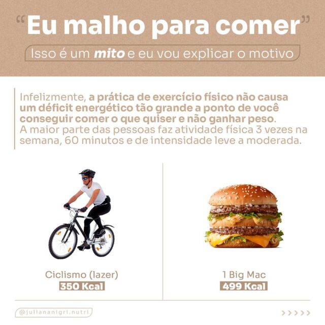 ☝🏻 “Eu malho para comer”
Você já falou ou ouviu essa frase?

Infelizmente não é tão simples assim. É claro que ajuda, porém, essa compensação faz com que você fique estagnado no seu peso.

Por isso, devemos ter atenção a essas falas e para deixar isso bem claro eu trouxe exemplos diretos de gasto energético no exercício e a quantidade de caloria ingerida no consumo de alimentos para analisarmos como fica esse balanço final.
